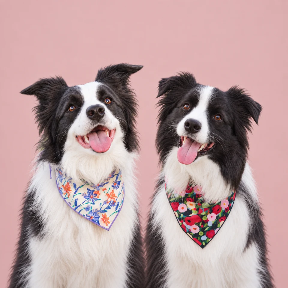 Waffle in a Garden Gala bandana and Pepsi in a Party Bloom bandana, two border collies side by side